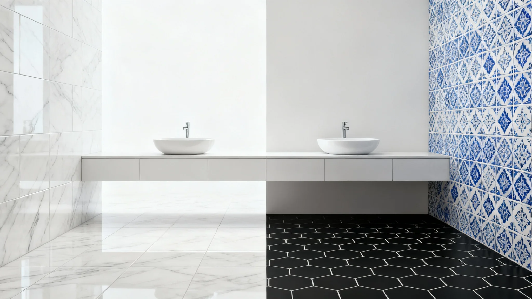 A photorealistic mockup of a modern bathroom split down the middle, illustrating a tile visualizer. The left side features elegant white marble tiles, while the right side displays bold black hexagonal and blue patterned tiles.