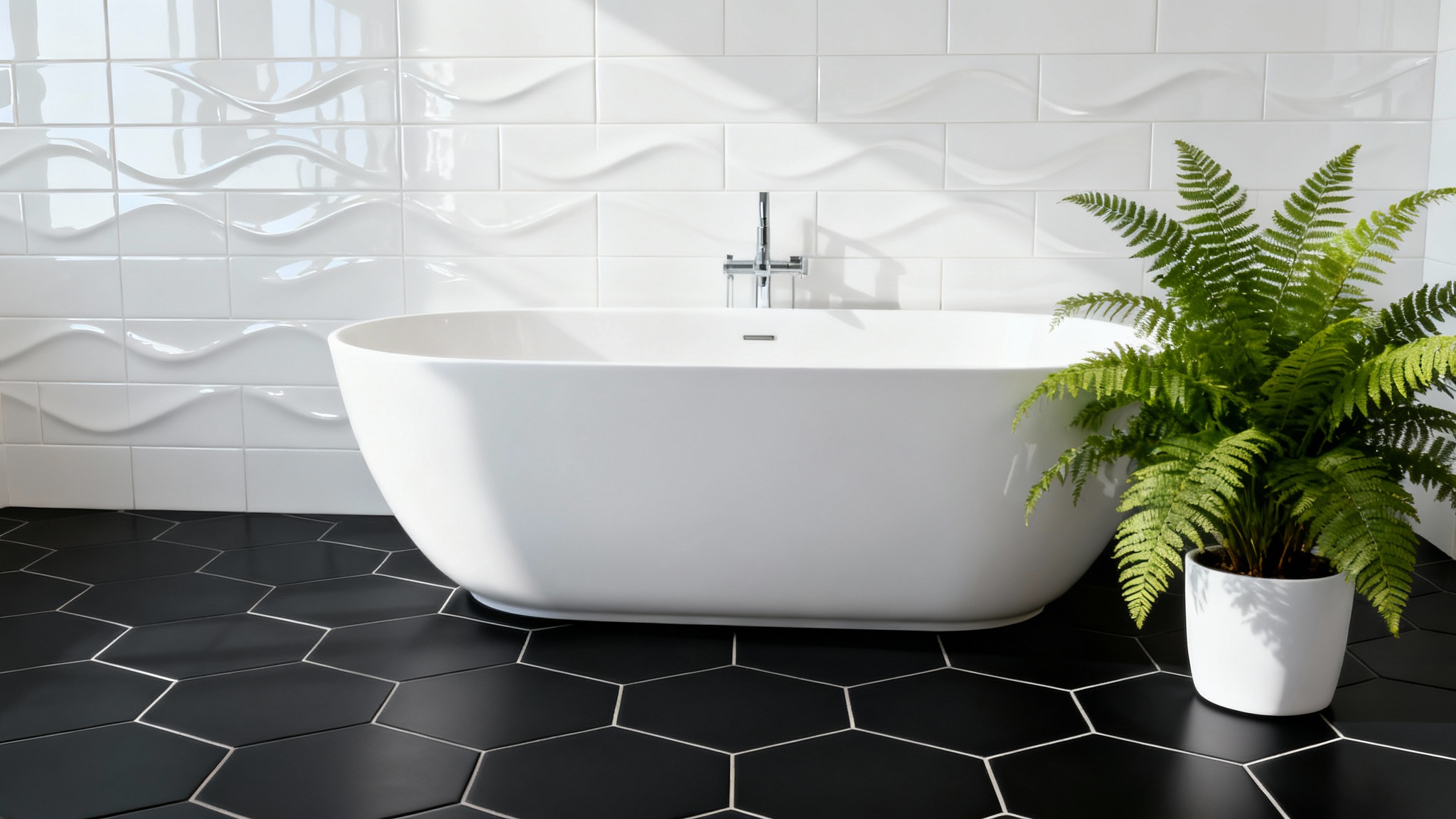 A photorealistic mockup of a modern bathroom with contrasting tile designs, featuring bold matte black hexagonal floor tiles and textured glossy white wall tiles.