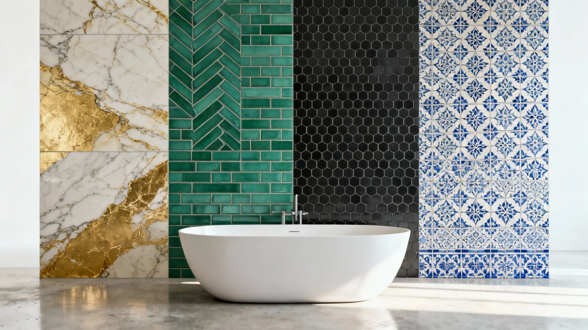 A photorealistic mockup of a modern bathroom showcasing four different wall tile options side-by-side: gold-veined marble, green herringbone subway tiles, black hexagonal tiles, and blue Moroccan patterns.