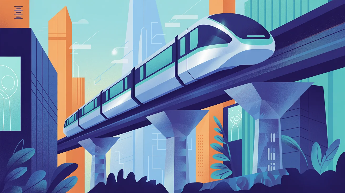 A vibrant and detailed vector illustration of a futuristic city scene, created in a flat design style with a 16:9 aspect ratio.