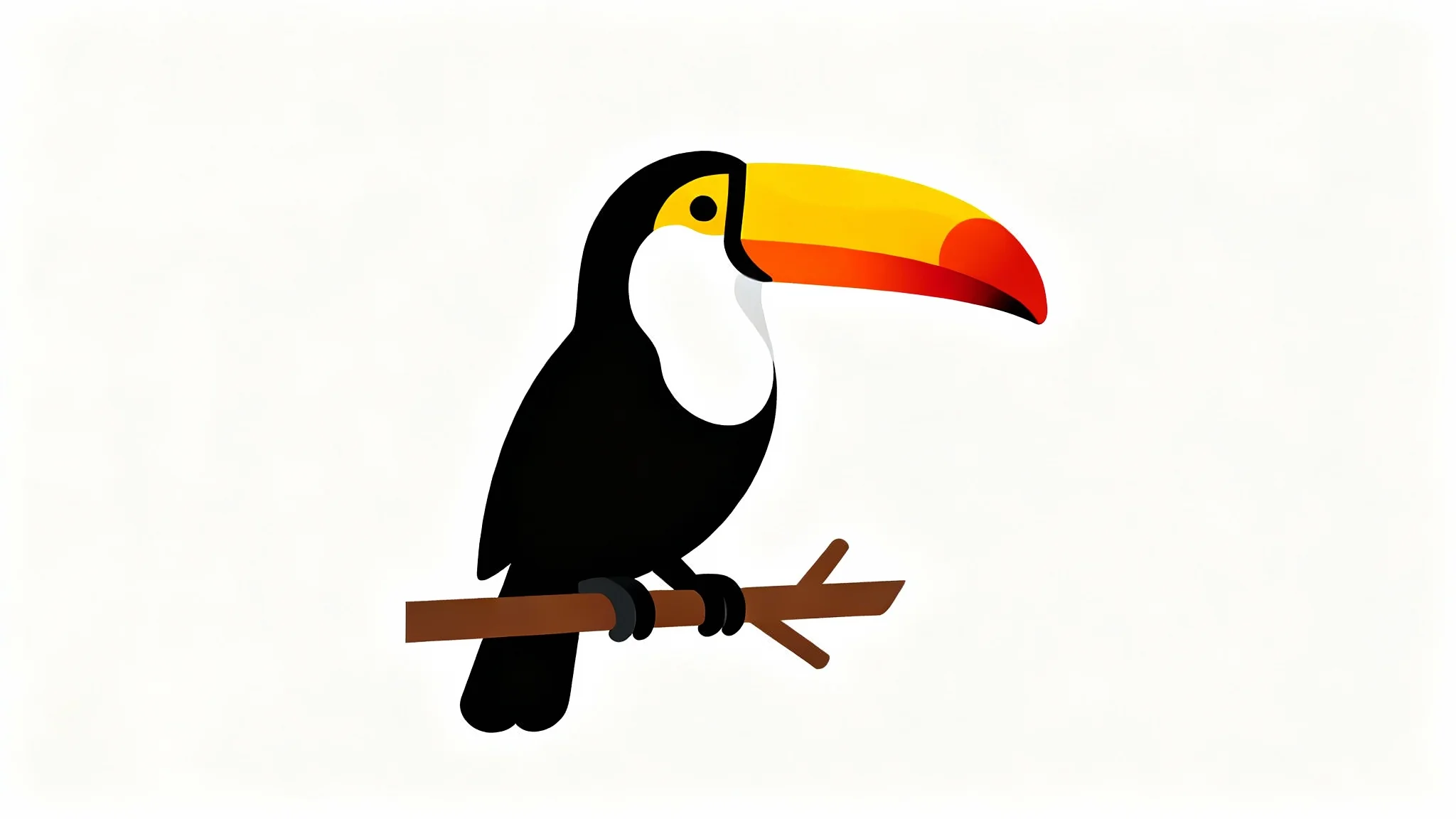 A modern vector illustration of a toucan with a brightly colored beak, perched on a branch against a plain white background, showcasing a flat design style.