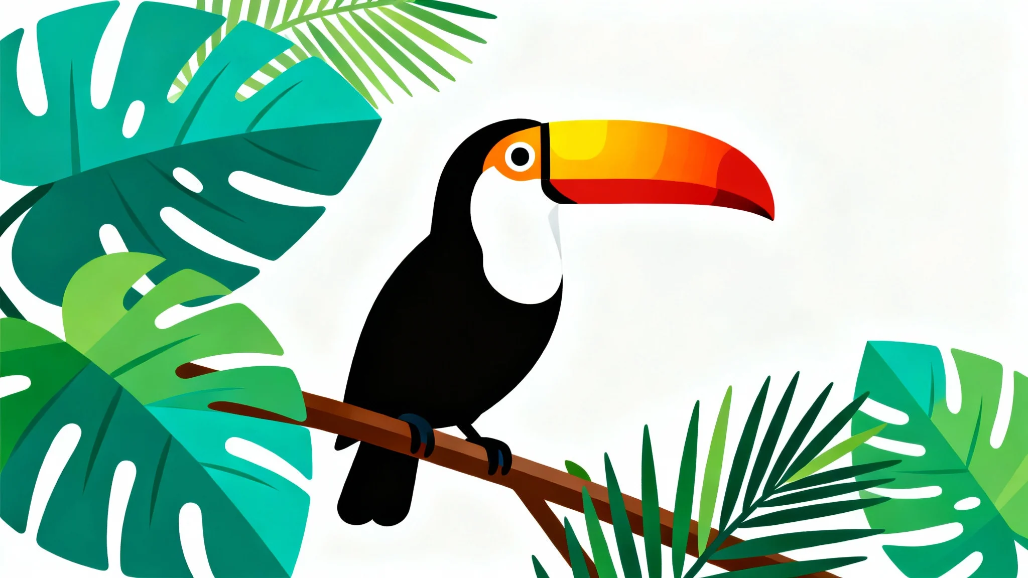 A colorful flat design vector illustration of a toucan with a large, gradient-colored beak perched on a tropical branch with green leaves, all on a white background.