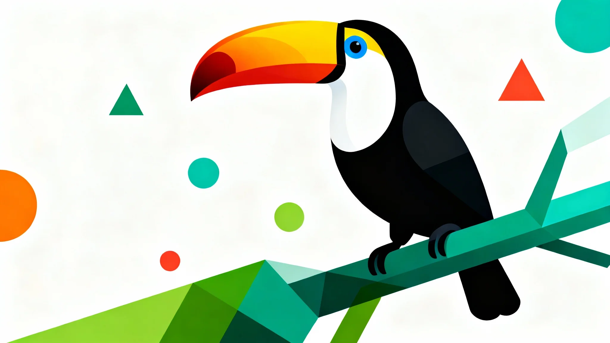 A modern vector illustration of a colorful toucan on a branch, created with clean lines and geometric shapes against a white background.