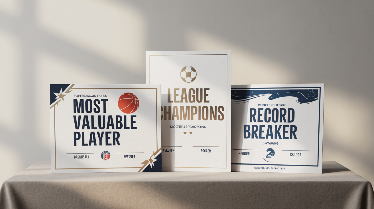 A collection of three professionally designed sports certificates for basketball, soccer, and swimming, arranged elegantly on a clean white background.