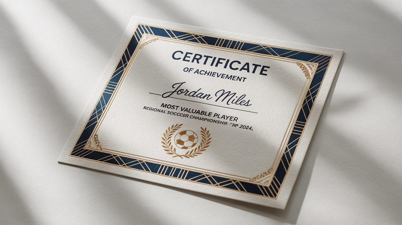A professional sports certificate for 'Most Valuable Player' with a navy and gold foil border and a gold seal, presented as a mockup on a white background.