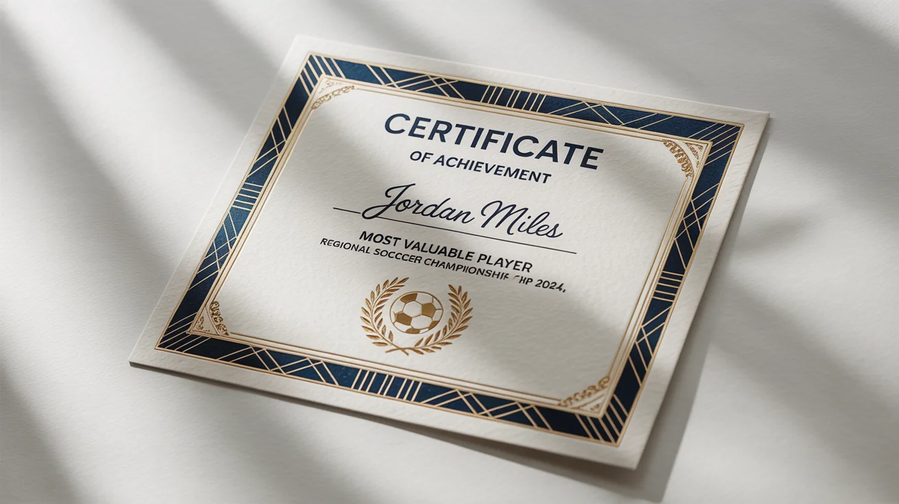 A professional sports certificate for 'Most Valuable Player' with a navy and gold foil border and a gold seal, presented as a mockup on a white background.