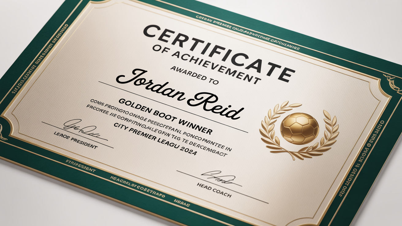 A professional mockup of a soccer achievement certificate for the 'Golden Boot Winner', featuring a green and gold design with an embossed seal, set against a plain white background.