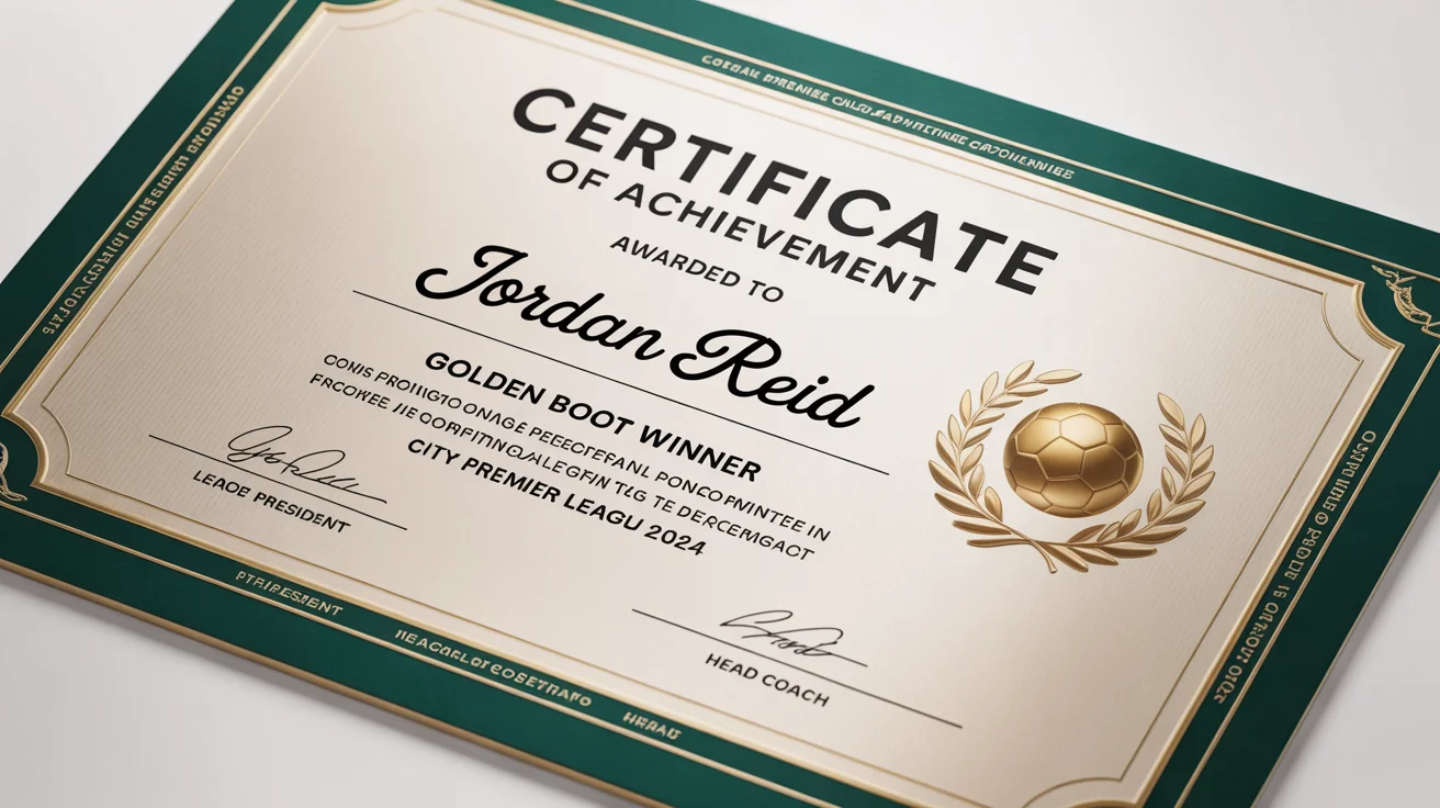 A professional mockup of a soccer achievement certificate for the 'Golden Boot Winner', featuring a green and gold design with an embossed seal, set against a plain white background.
