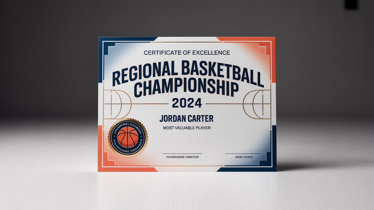 A professional mockup of a sports certificate for a basketball championship, featuring a clean design with navy blue and orange accents, a gold seal, and placeholder text for the MVP winner, all on a white background.