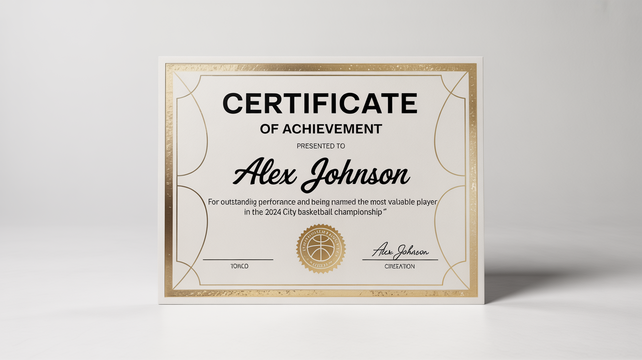 A mockup of a professional sports certificate for a basketball championship, featuring elegant design, gold foil accents, and celebratory text against a clean white background.
