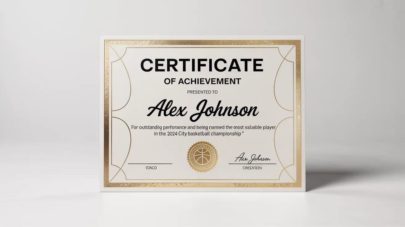 A mockup of a professional sports certificate for a basketball championship, featuring elegant design, gold foil accents, and celebratory text against a clean white background.