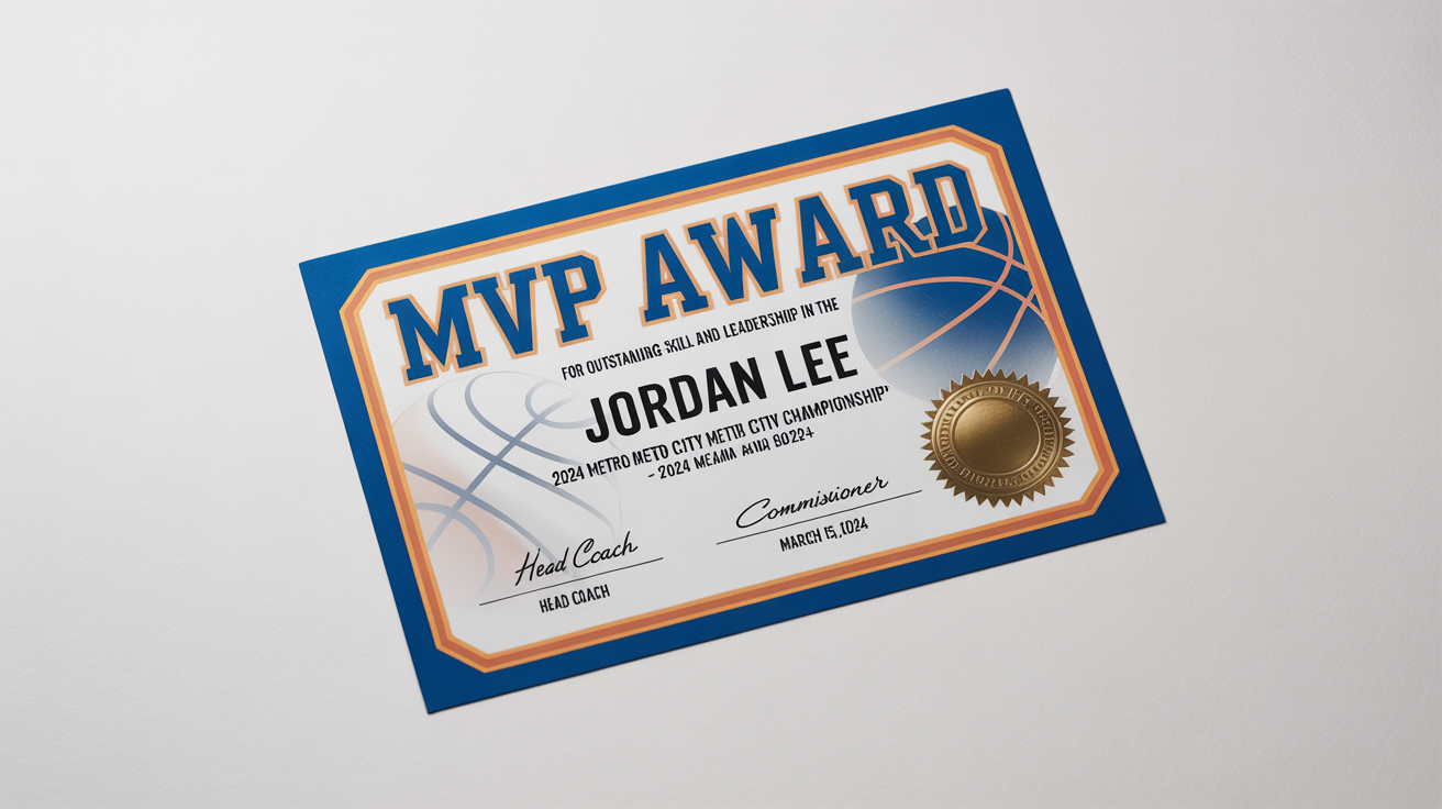 A professional mockup of a basketball MVP award certificate with blue and orange accents and a gold seal, displayed on a clean white background.