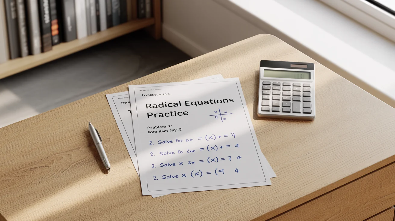 A professionally designed math worksheet on radical equations, with some problems filled out, resting on a modern desk next to a pen and calculator.