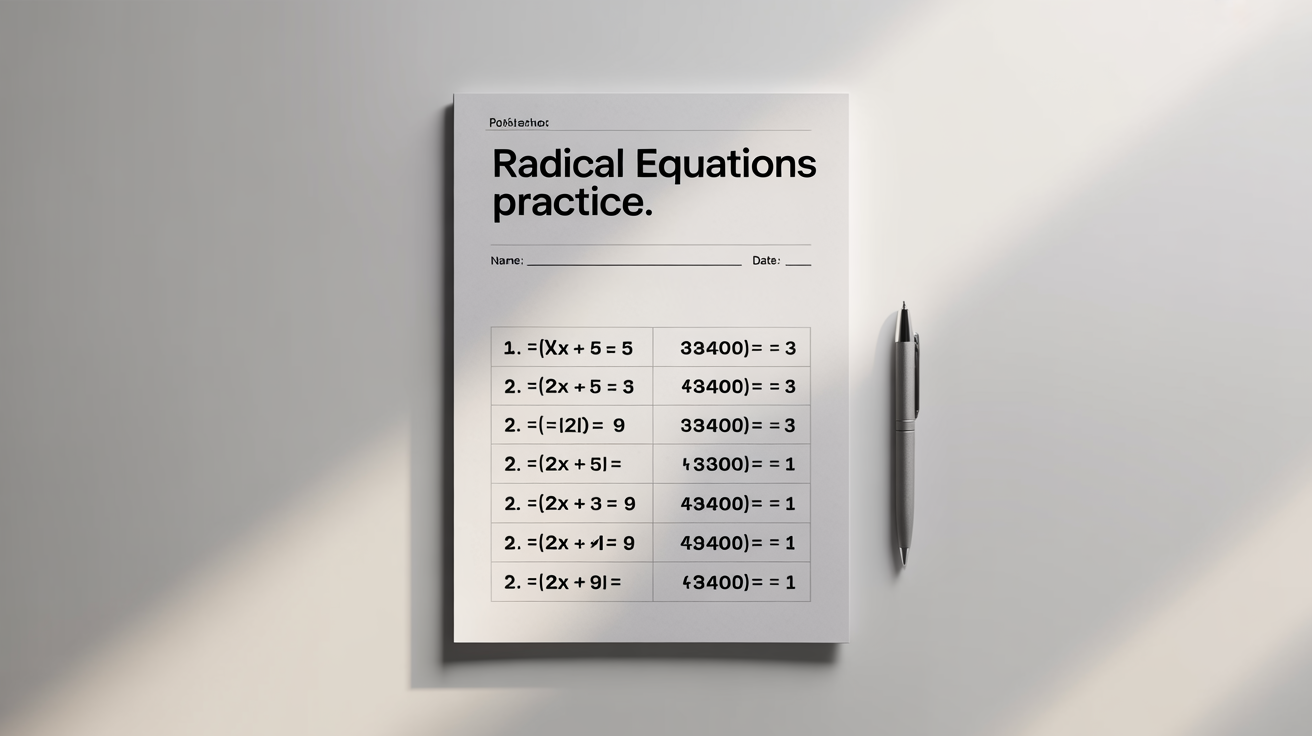 A photorealistic mockup of a school worksheet titled 'Radical Equations Practice', showing several math problems with square roots on a clean white background.