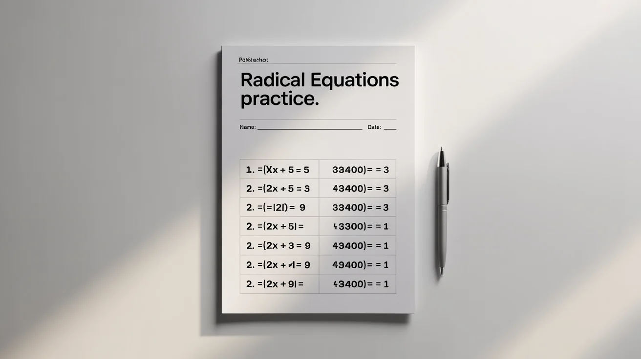 A photorealistic mockup of a school worksheet titled 'Radical Equations Practice', showing several math problems with square roots on a clean white background.