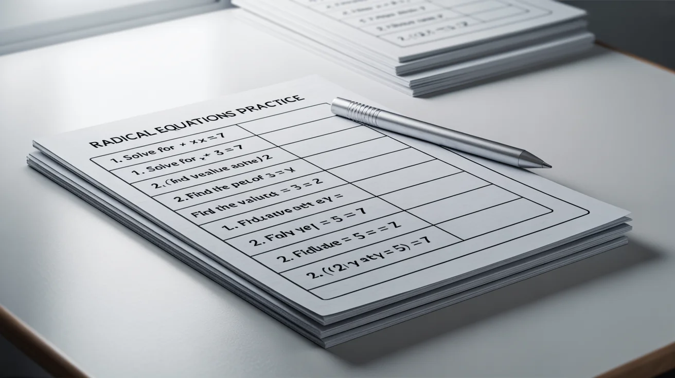 A professional-looking mockup of a math worksheet titled 'Radical Equations Practice' showing several algebraic problems, set against a clean white background.