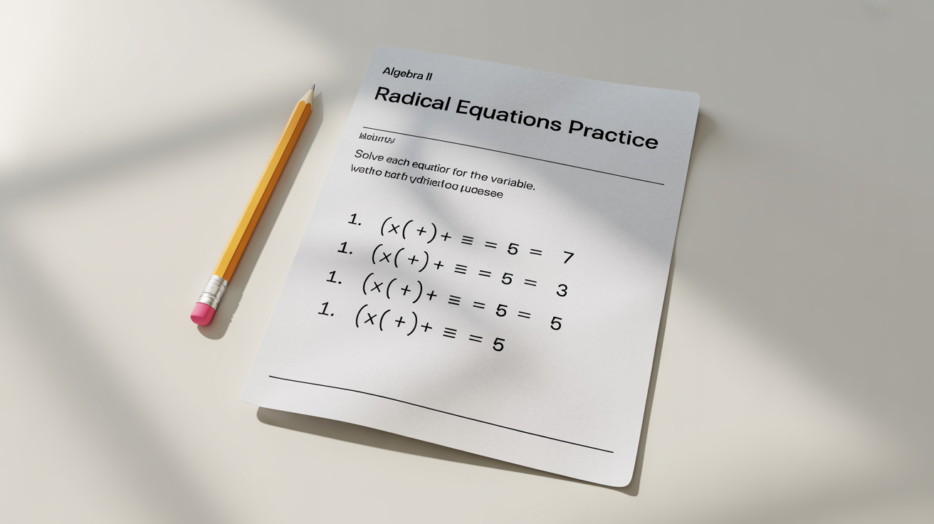 A mockup of a radical equations math worksheet with a pencil next to it, on a white background.