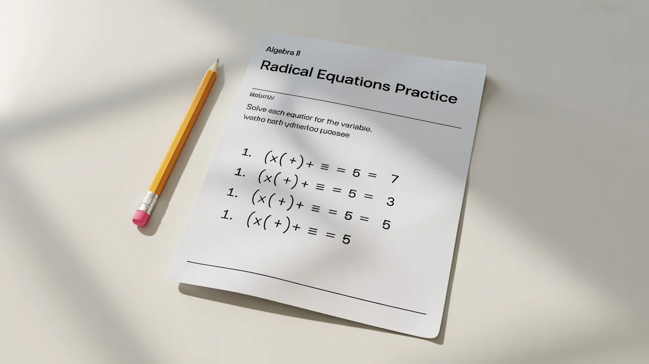 A mockup of a radical equations math worksheet with a pencil next to it, on a white background.