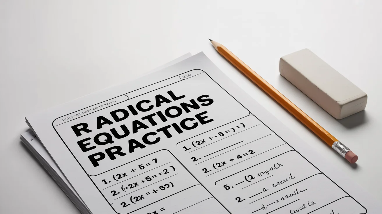 A top-down view of a radical equations math worksheet lying on a white surface, with a pencil and an eraser placed neatly beside it, suggesting a study session.