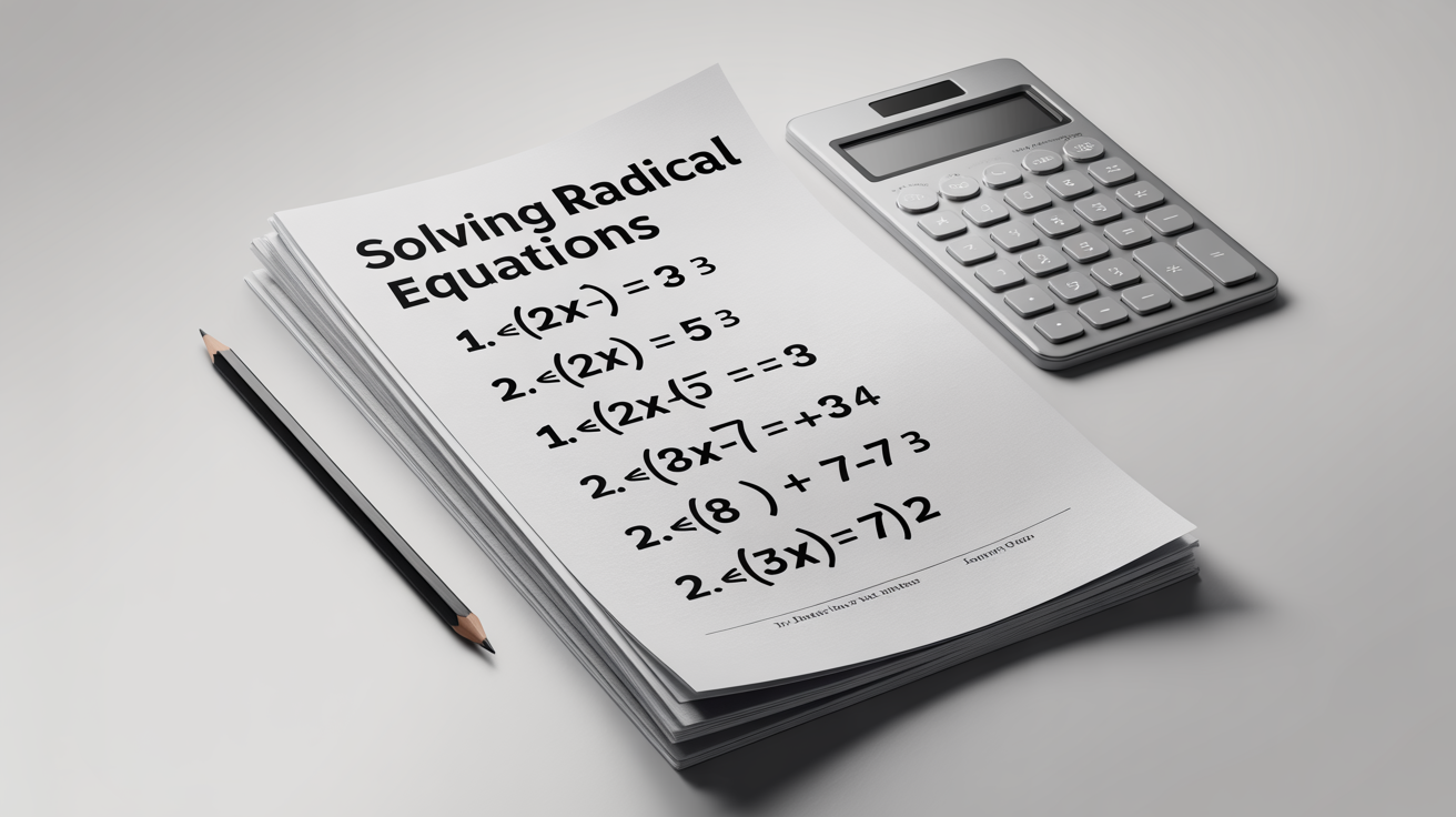 A math worksheet about solving radical equations, shown in a clean flat lay with a pencil and calculator on a white background.