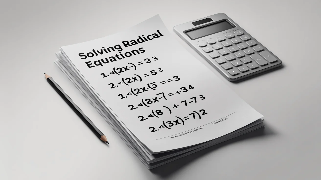 A math worksheet about solving radical equations, shown in a clean flat lay with a pencil and calculator on a white background.
