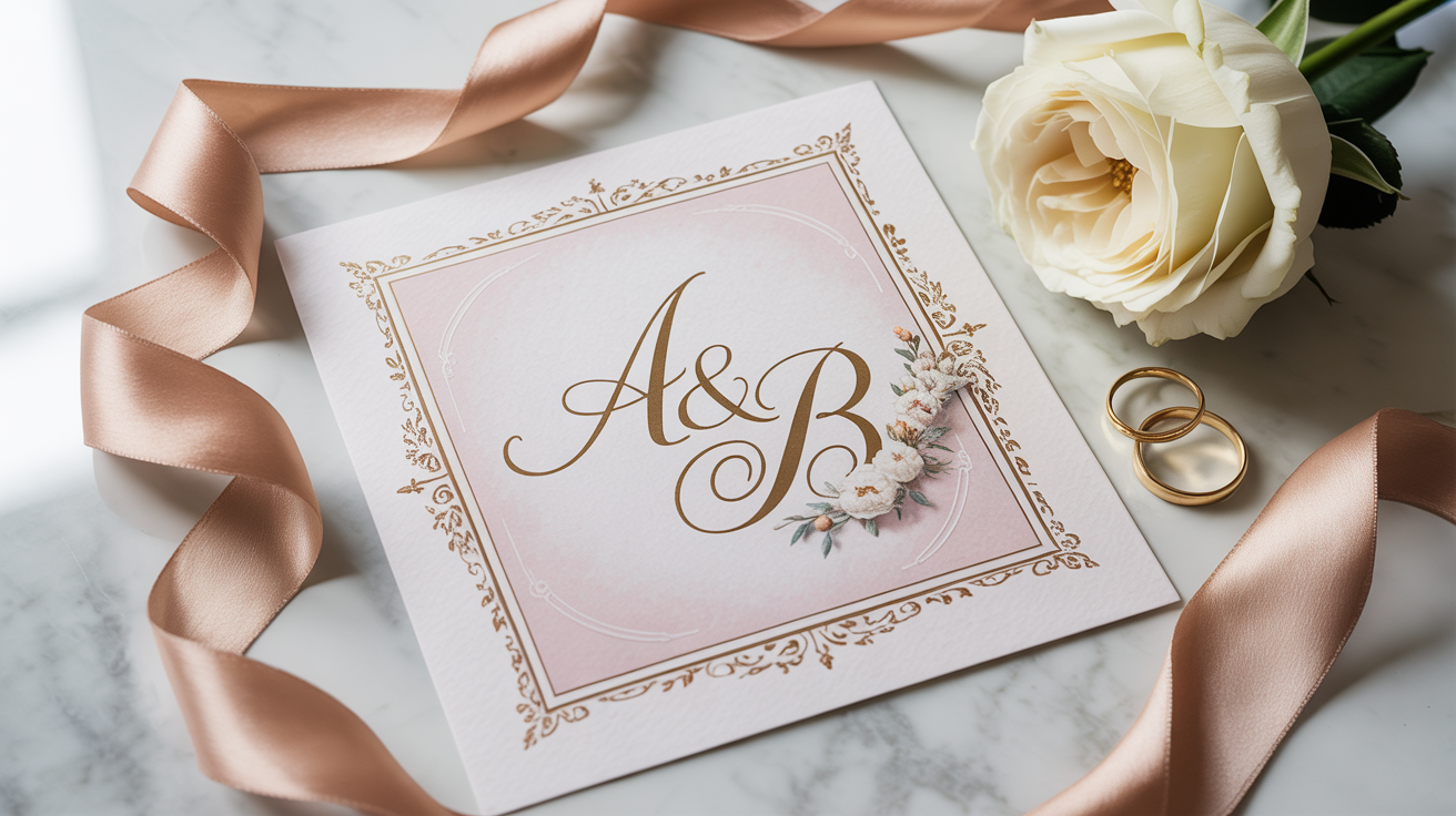 A photorealistic flat lay of a final wedding monogram design. The monogram features the initials 'A&B' in gold script on a blush pink background, enclosed in an ornate gold floral frame. The design is shown on a card placed on a marble surface with a rose and wedding rings.