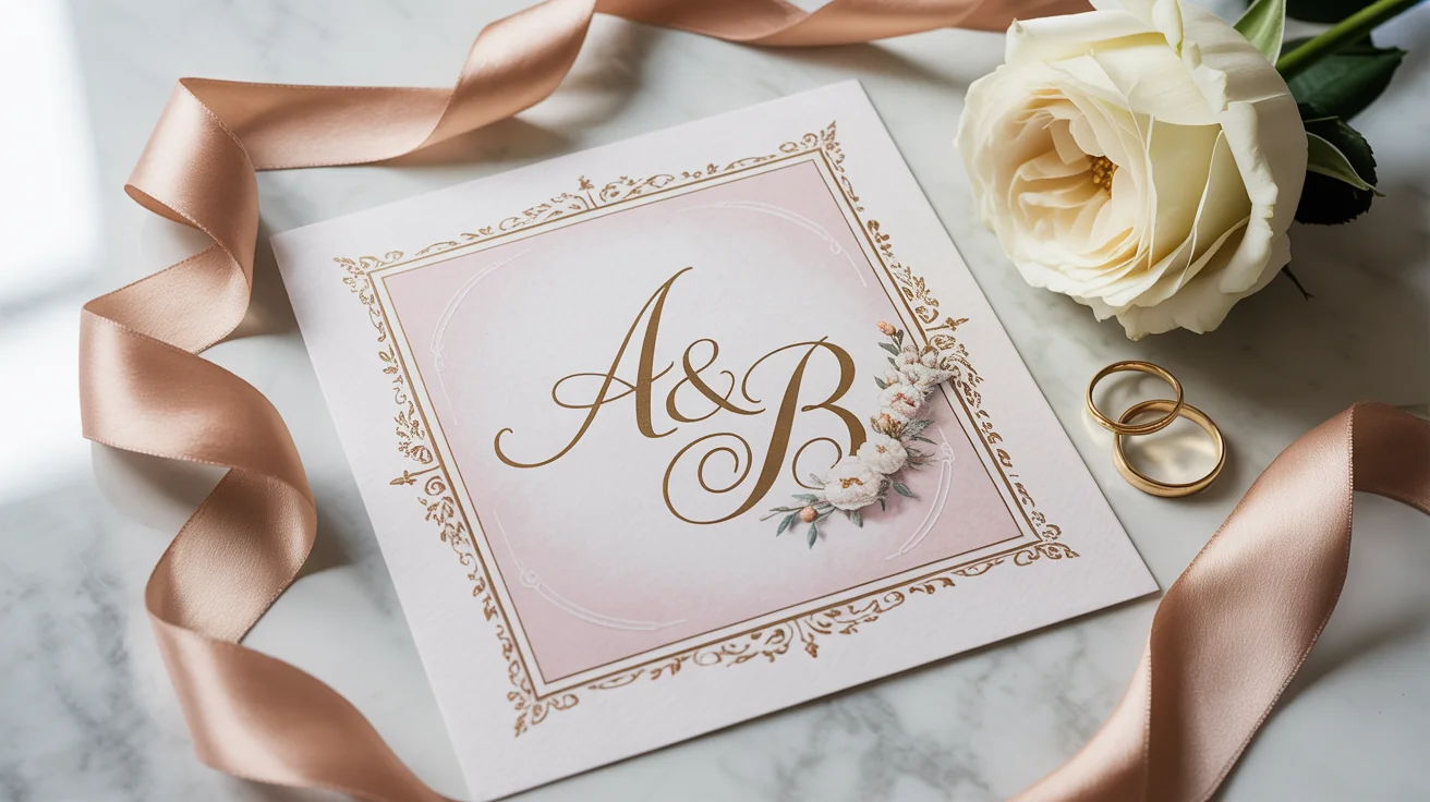 A photorealistic flat lay of a final wedding monogram design. The monogram features the initials 'A&B' in gold script on a blush pink background, enclosed in an ornate gold floral frame. The design is shown on a card placed on a marble surface with a rose and wedding rings.
