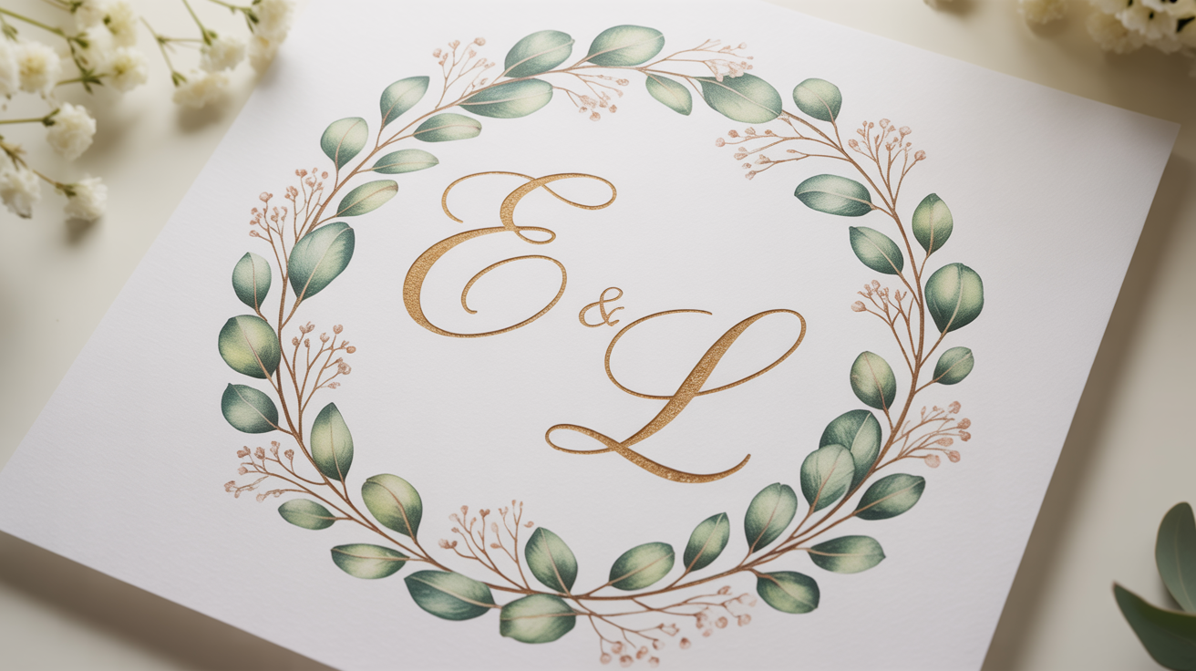 An elegant wedding monogram featuring the initials 'E & L' in gold foil, framed by a delicate circle of green leaves and white flowers, presented as a product mockup on a white background.