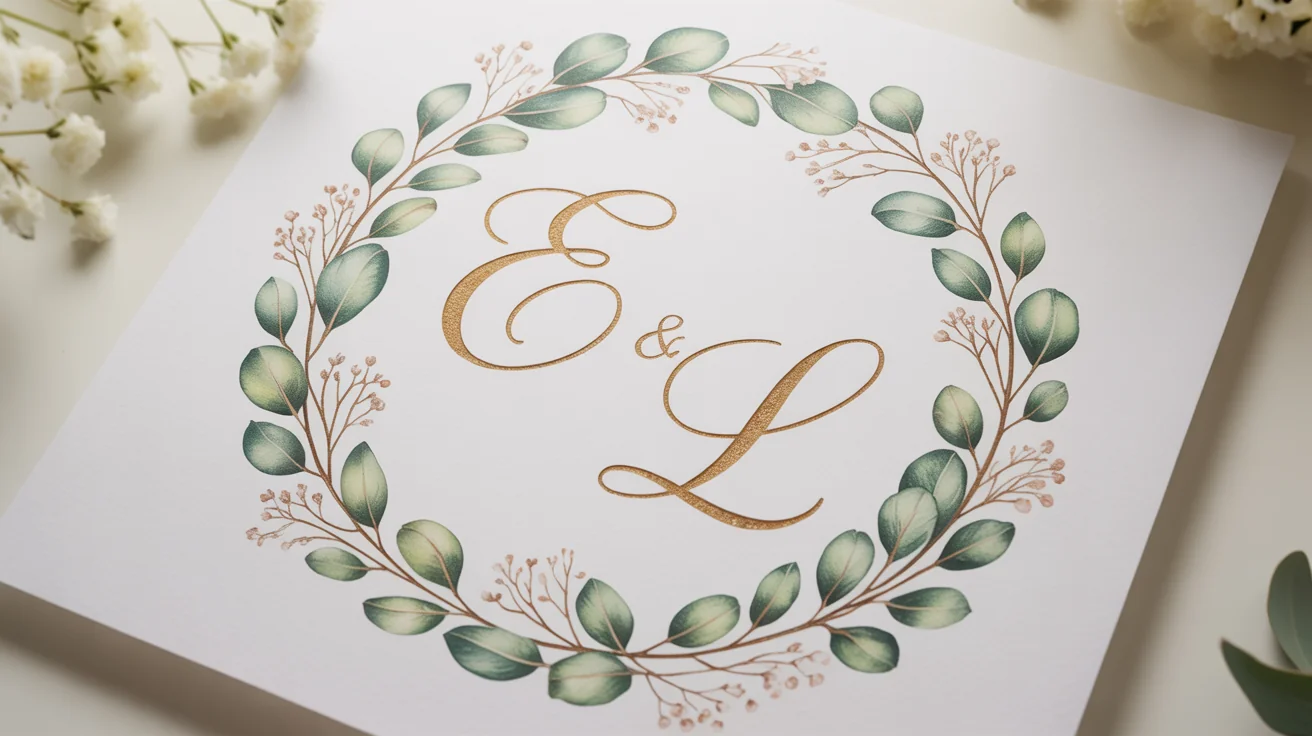 An elegant wedding monogram featuring the initials 'E & L' in gold foil, framed by a delicate circle of green leaves and white flowers, presented as a product mockup on a white background.