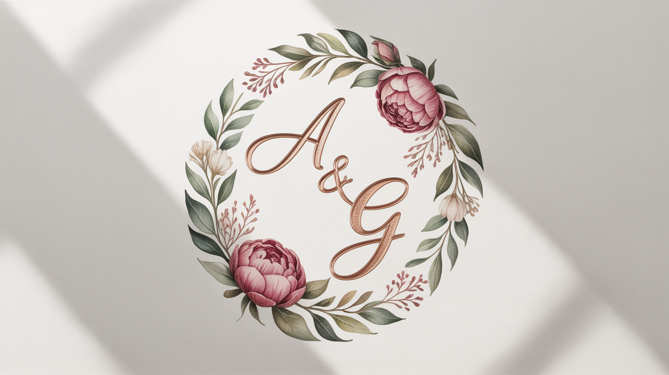 An elegant wedding monogram mockup featuring the initials 'A & G' in gold foil, enclosed within a circular frame of dusty rose and sage green watercolor flowers and leaves, on a plain white background.