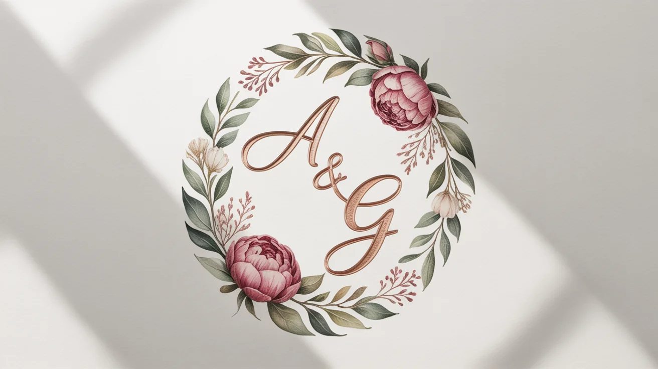 An elegant wedding monogram mockup featuring the initials 'A & G' in gold foil, enclosed within a circular frame of dusty rose and sage green watercolor flowers and leaves, on a plain white background.