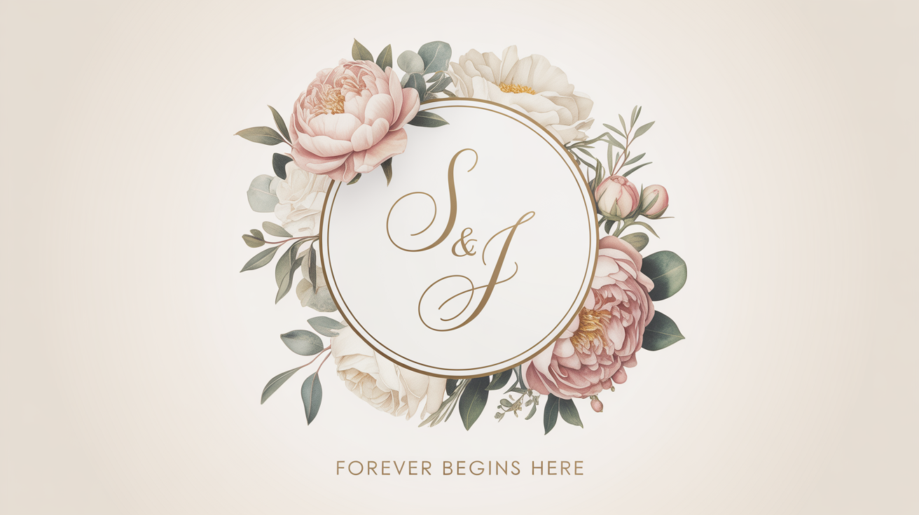 An elegant wedding monogram mockup featuring the initials 'S & J' in gold script, encircled by a delicate watercolor frame of pink and white flowers and greenery, all on a plain white background.