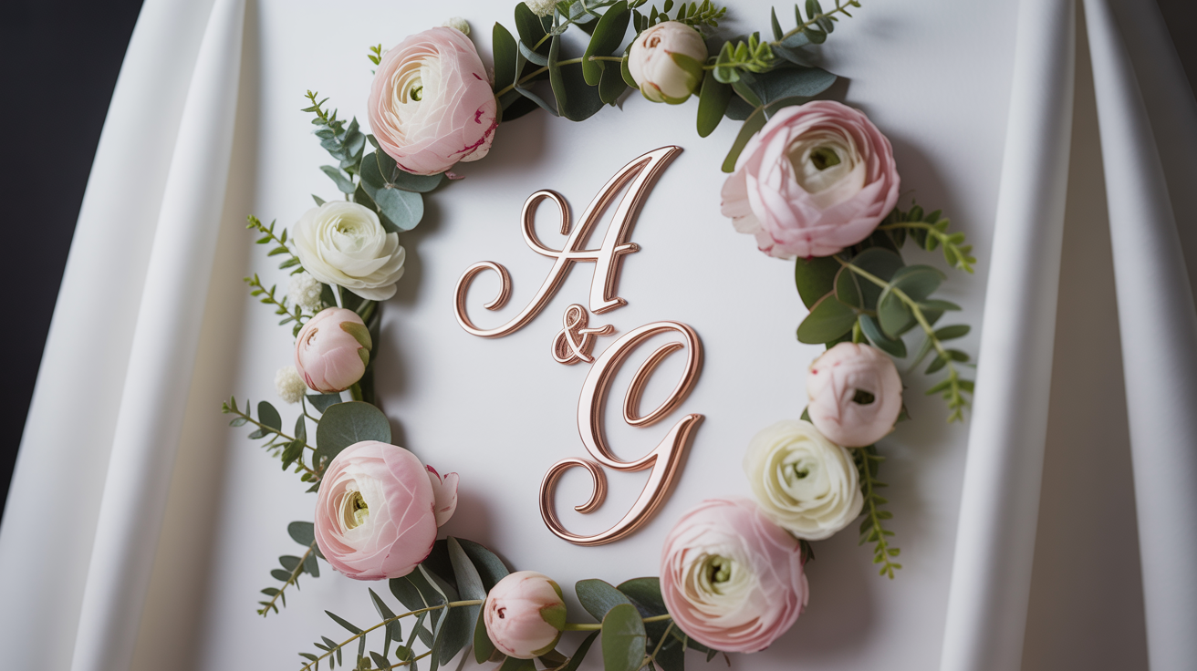 An elegant wedding monogram with the initials 'A & G' in rose gold script, framed by a circle of pink and white flowers and eucalyptus leaves, on a clean white background.