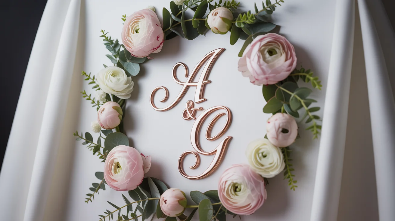 An elegant wedding monogram with the initials 'A & G' in rose gold script, framed by a circle of pink and white flowers and eucalyptus leaves, on a clean white background.