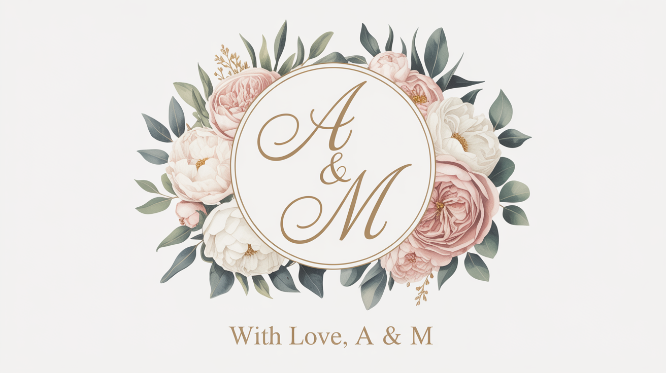 An elegant wedding monogram featuring the initials 'A & M' in gold script, surrounded by a delicate frame of pink and white watercolor flowers on a white background.