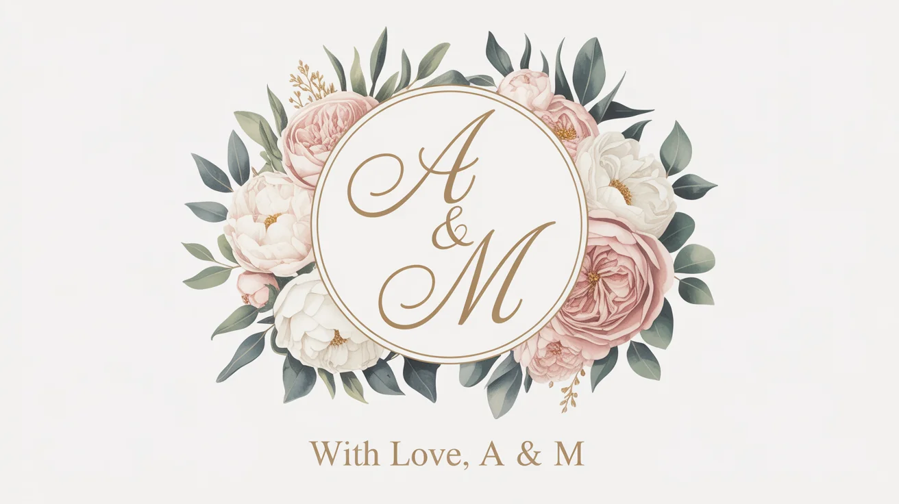 An elegant wedding monogram featuring the initials 'A & M' in gold script, surrounded by a delicate frame of pink and white watercolor flowers on a white background.