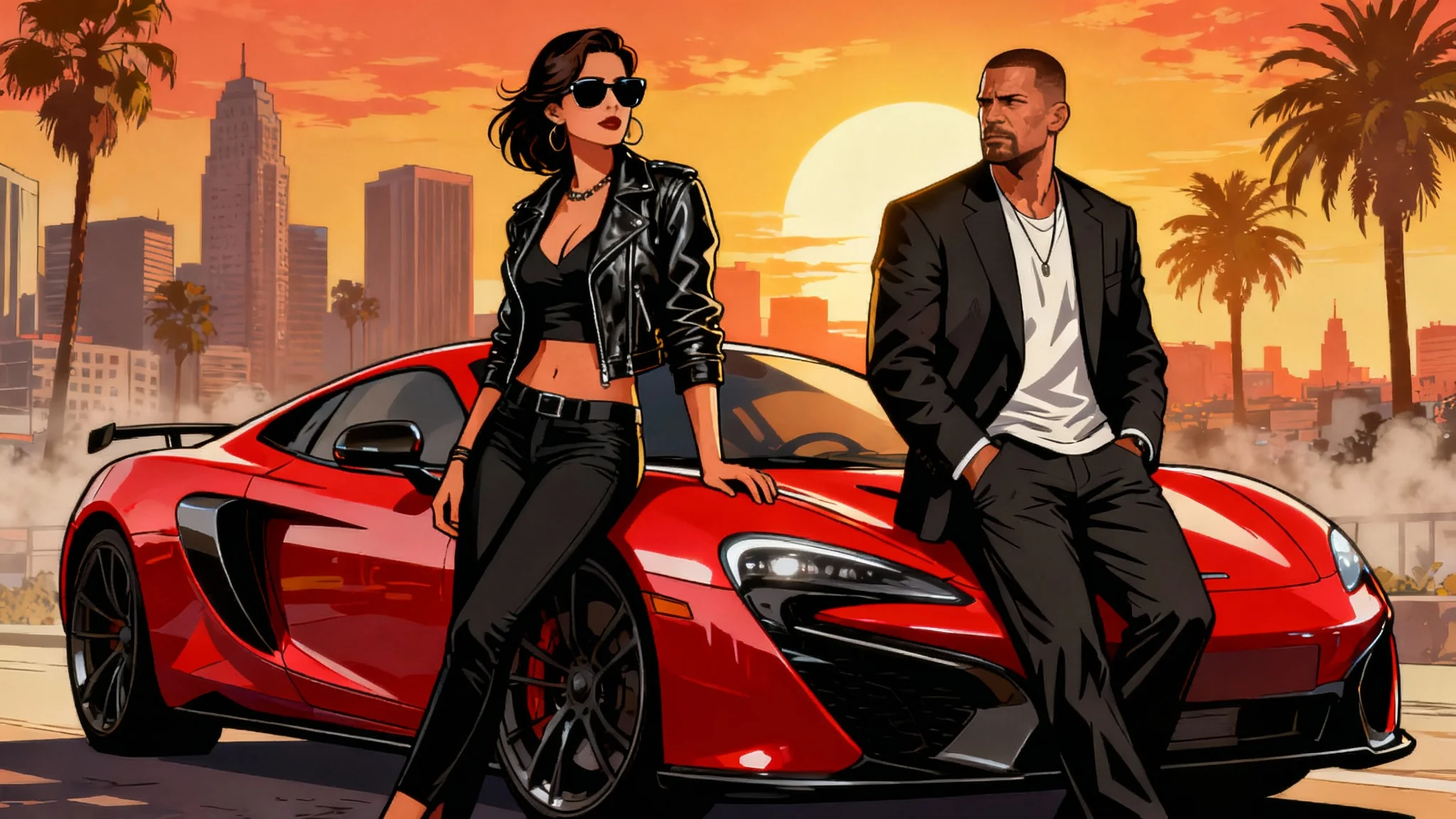 A digital illustration in the Grand Theft Auto art style, featuring a man and a woman posing in front of a red sports car with a city skyline at sunset in the background.