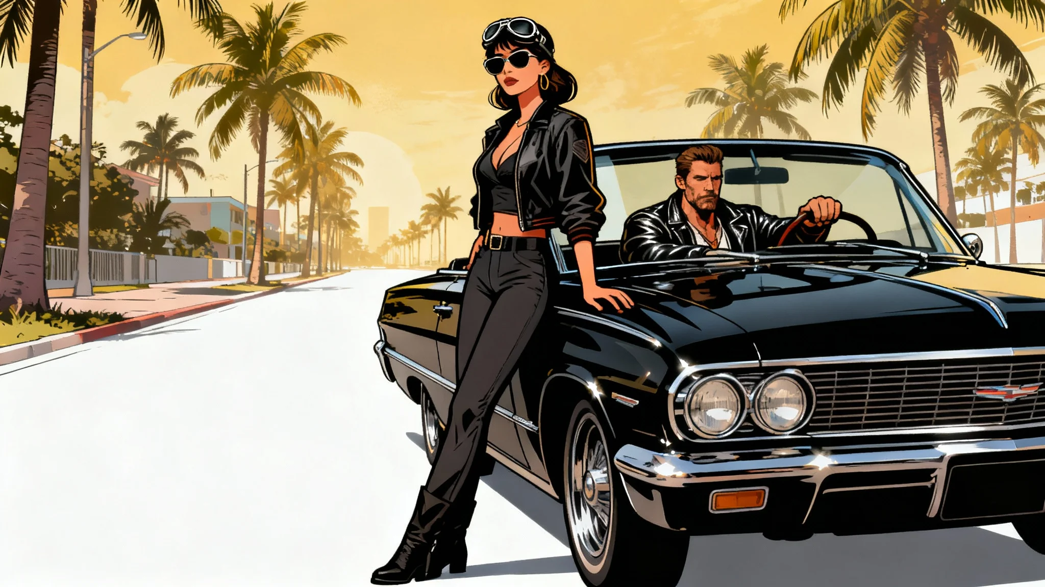 An illustration in the Grand Theft Auto art style, featuring a man and a woman with a classic convertible car on a palm-lined street, presented against a white background.