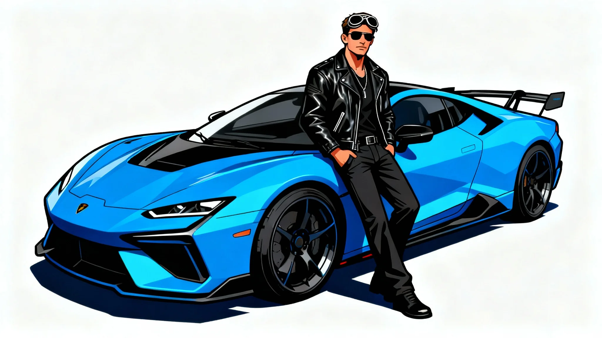 A digital illustration in the GTA art style, featuring a stylish man leaning against a blue sports car, isolated against a plain white background.