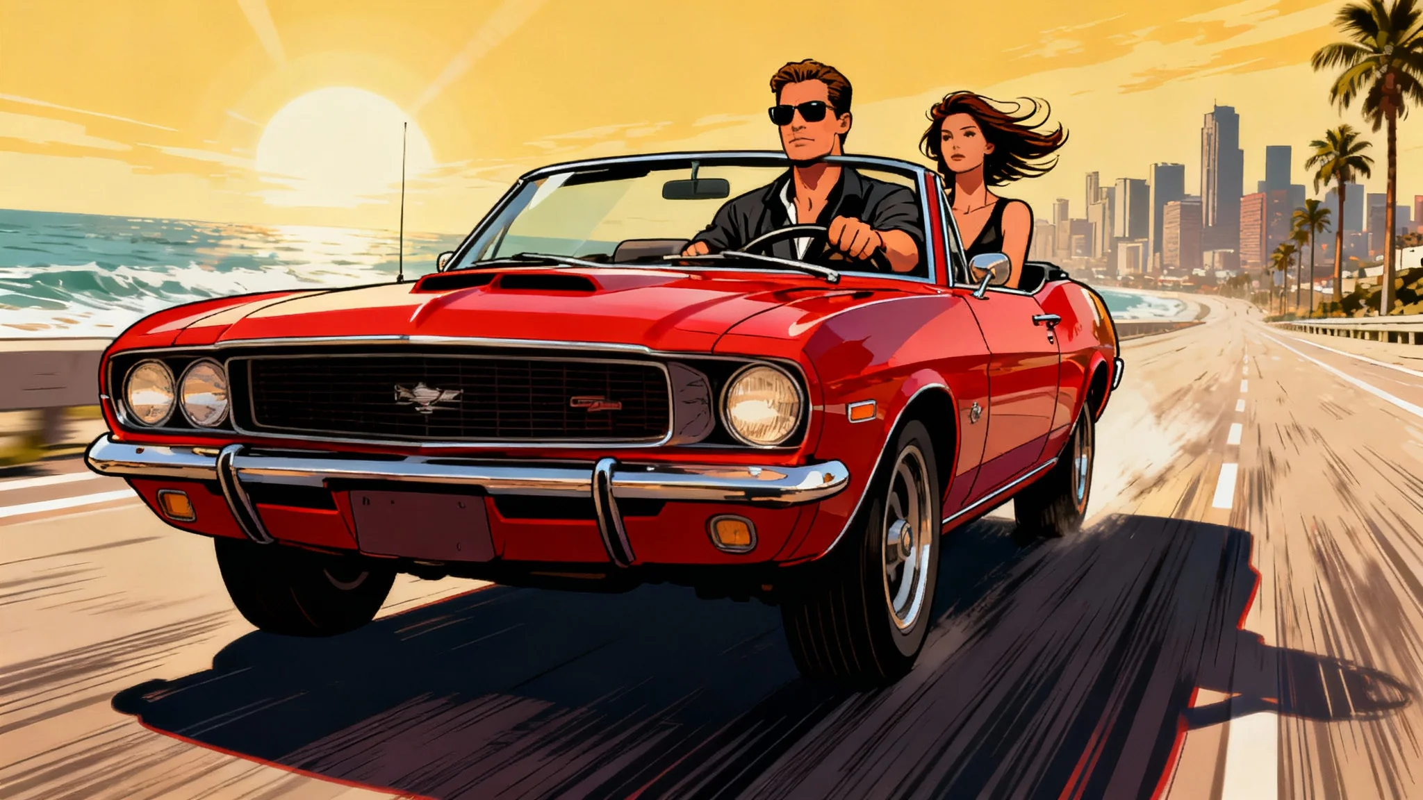 An illustration in the style of Grand Theft Auto art, depicting a man and a woman in a red convertible muscle car speeding down a coastal highway.