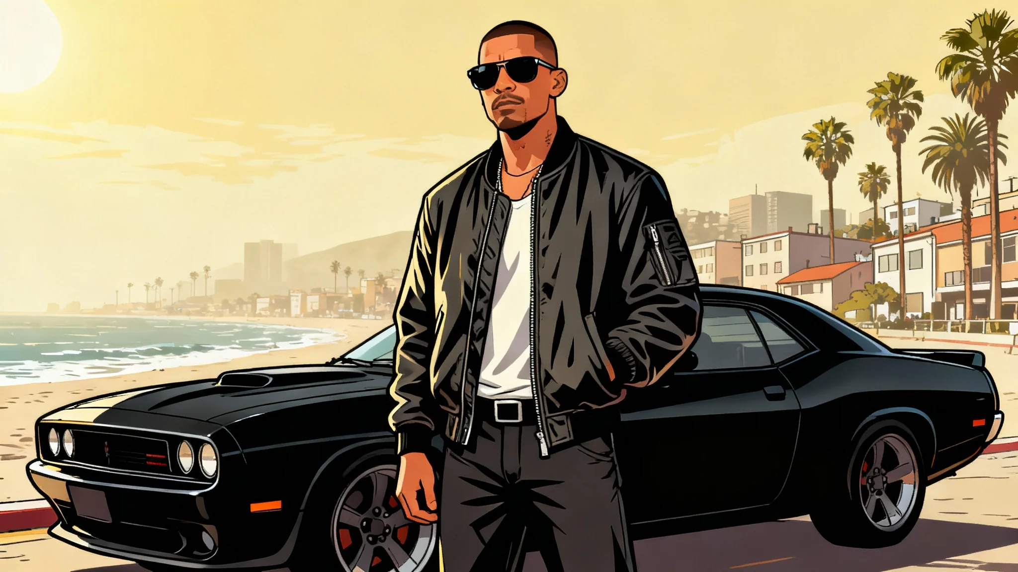 A digital art piece in the Grand Theft Auto style, showing a man in sunglasses standing before a black muscle car on a sunny, palm-tree-lined city street.