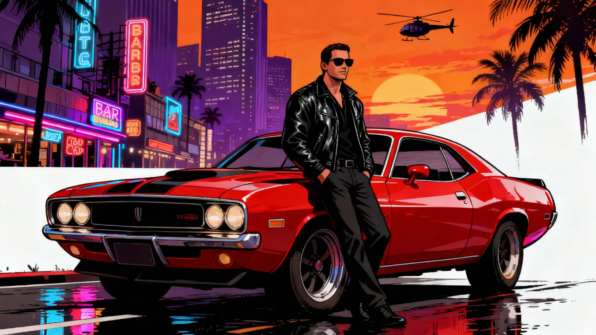 An illustration in the Grand Theft Auto art style, featuring a man leaning against a red muscle car on a city street at sunset, with palm trees and a helicopter in the background.