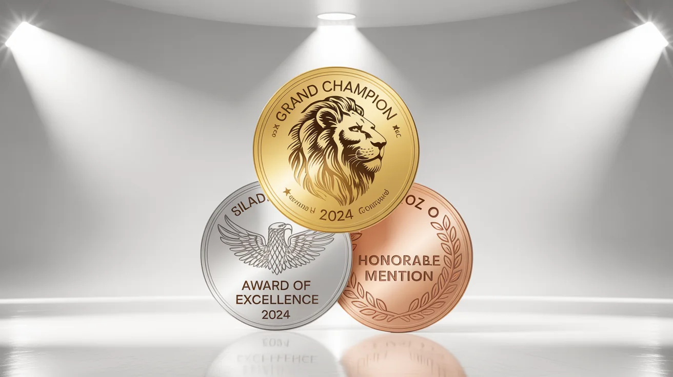 A photorealistic hero image of three custom-designed medals in gold, silver, and bronze, each with unique engravings like 'GRAND CHAMPION 2024' and 'AWARD OF EXCELLENCE', displayed on a clean background.