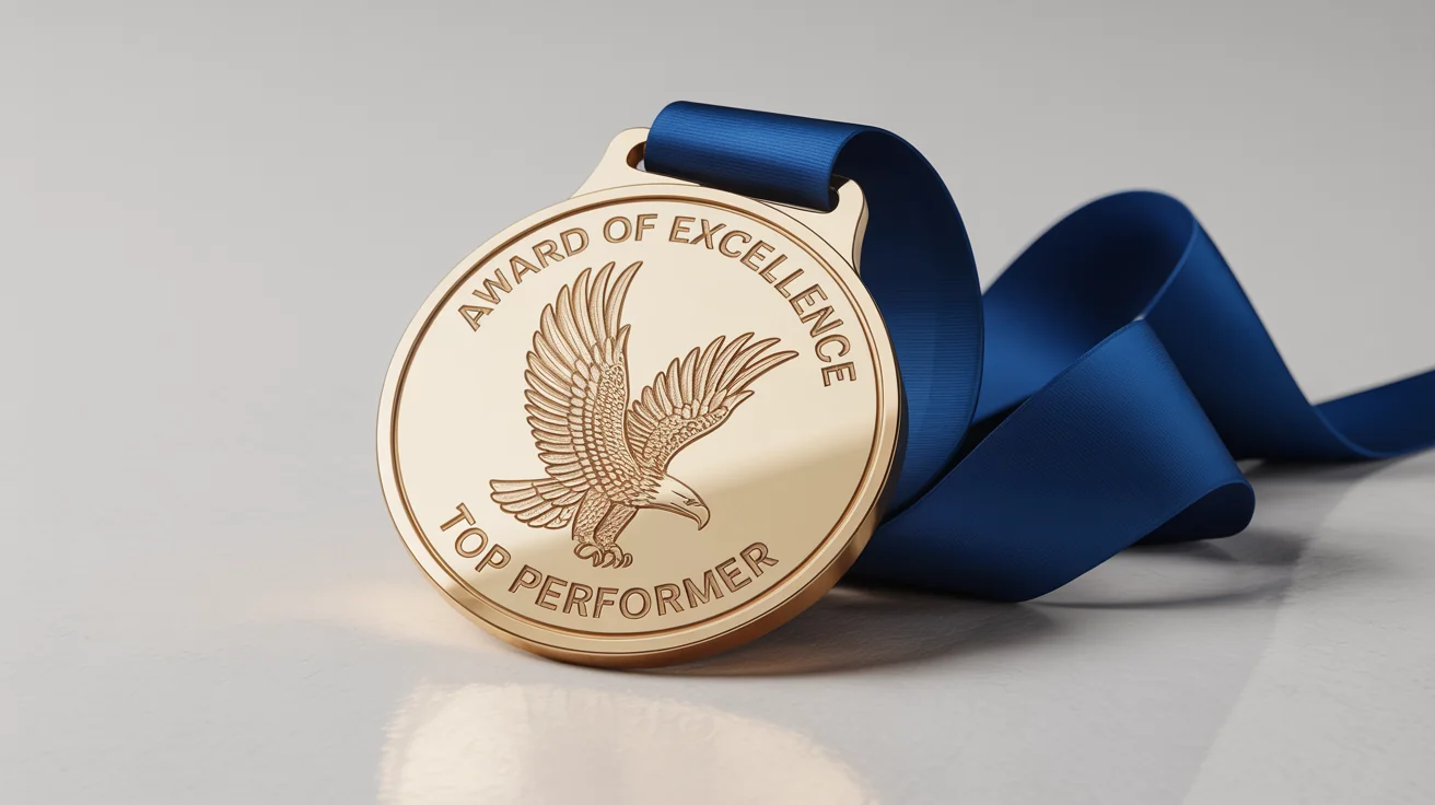 A professional mockup of a shiny gold medal with an engraved eagle and the text 'Award of Excellence', attached to a royal blue satin ribbon, set against a white background.