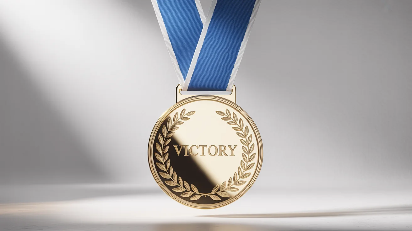 A photorealistic mockup of a shiny gold medal engraved with the word 'VICTORY', attached to a blue and white ribbon, set against a plain white background.