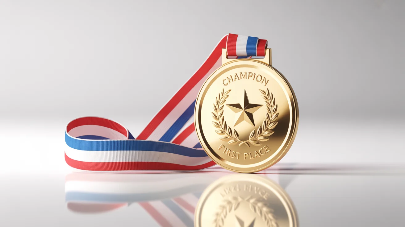A photorealistic mockup of a polished gold medal with 'CHAMPION' and 'FIRST PLACE' engraved on it, featuring a laurel wreath and a star, attached to a red, white, and blue ribbon, all set against a clean white background.