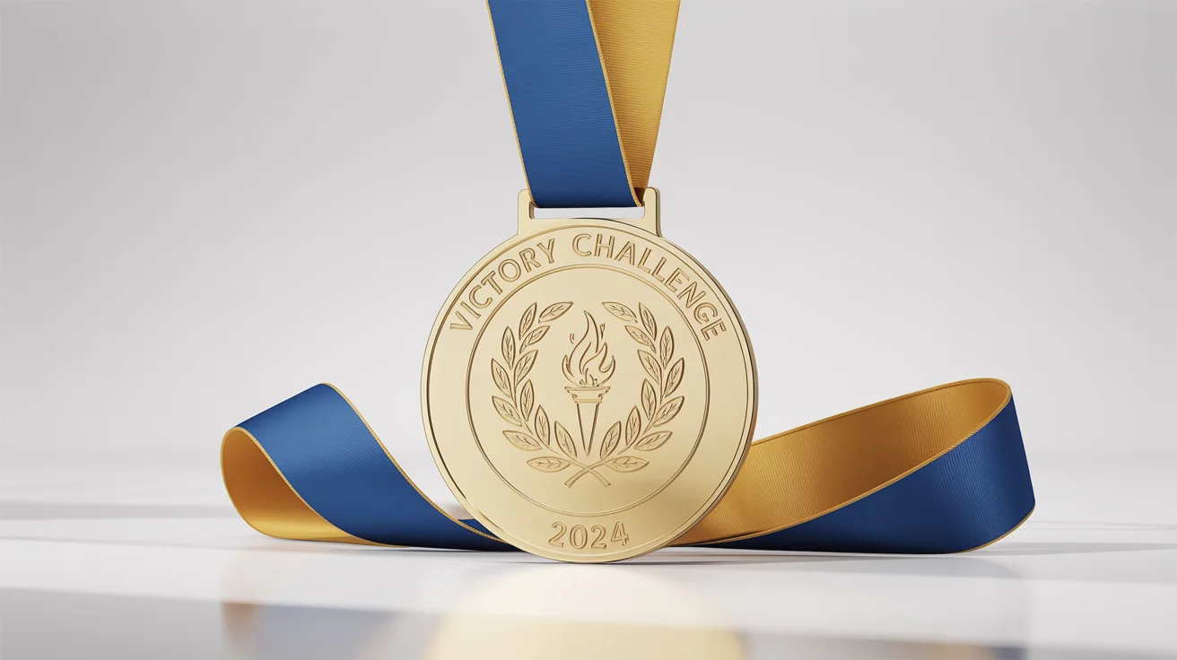 A photorealistic gold medal for the 'Victory Challenge 2024', featuring a laurel wreath and torch design, with a blue and gold ribbon, on a clean white background.