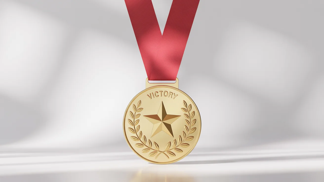 A photorealistic mockup of a shiny gold medal with a red ribbon, displayed on a white background. The medal is engraved with a laurel wreath, a star, and the word 'VICTORY'.
