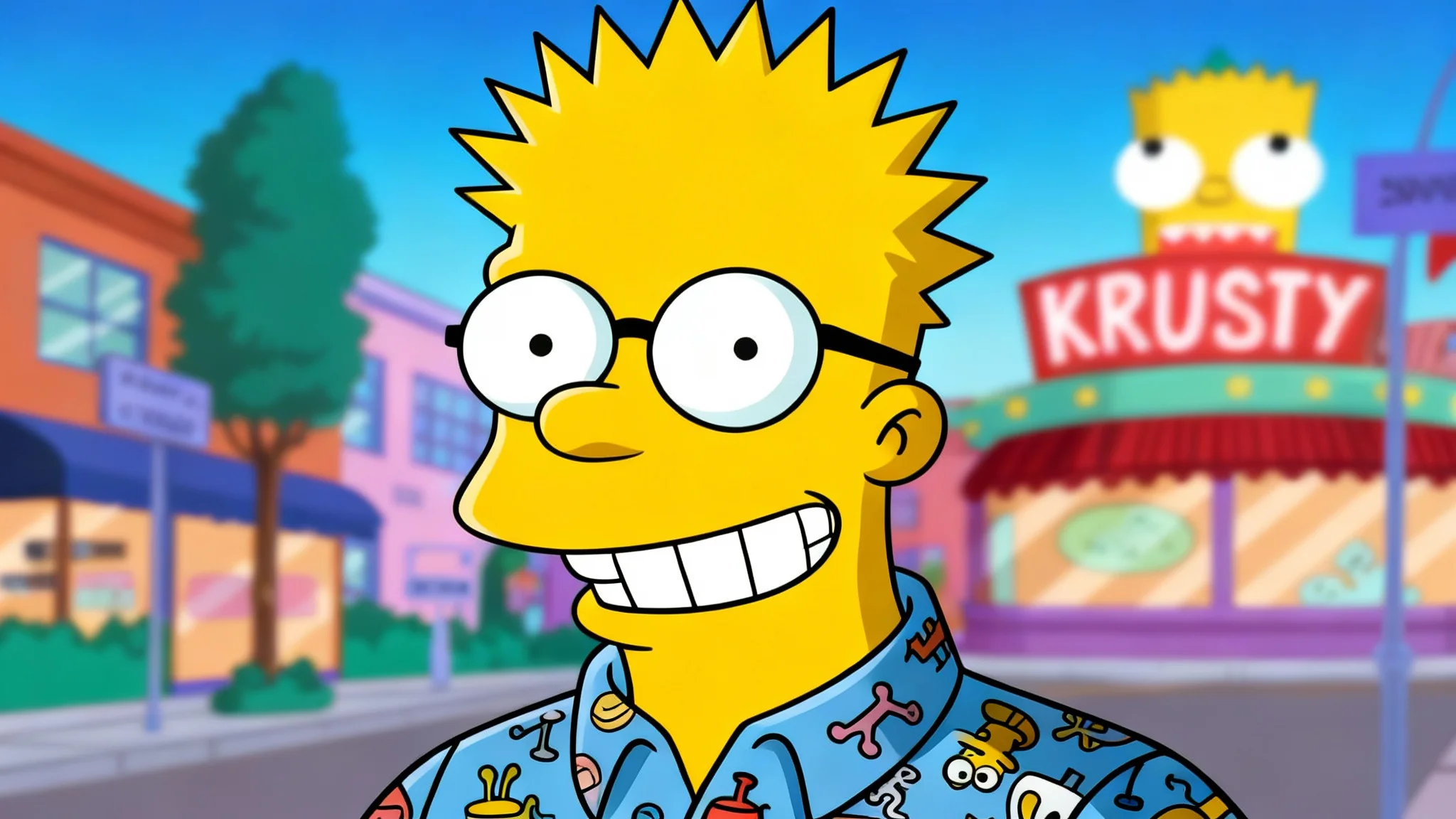 A custom Simpsons-style portrait of a man with spiky yellow hair and glasses, smiling in front of a Springfield background with Krusty Burger.