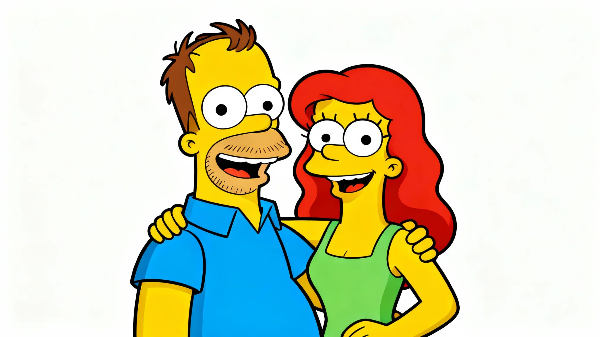 A custom portrait of a couple drawn in the yellow-skinned, large-eyed cartoon style of The Simpsons, posing happily against a white background.